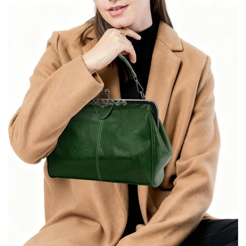 Women's Green Vegan Leather Kiss Lock Elegant Satchel Evening Crossbody Clutch - Picture 2 of 6